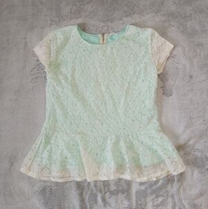 Thyme & Honey Womens Small White Lace Green Lined Short Sleeve Peplum Top Blouse